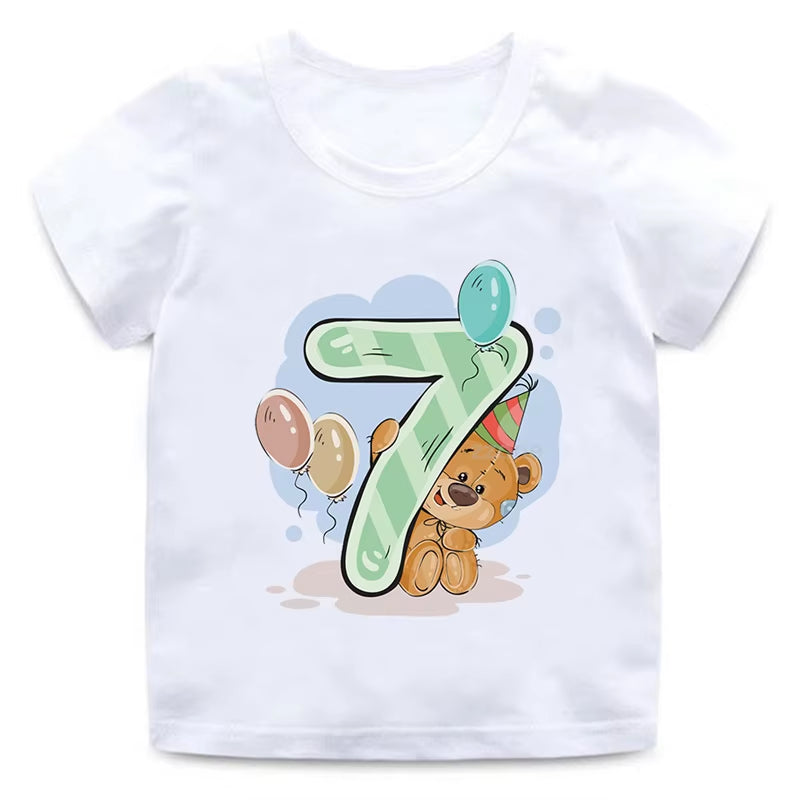 Boy Girl Birthday Bear Number 12 3 4 8 9 Bow Print T Shirts Baby Cute Cartoon Funny round Neck Girls T-Shirt Best Birthday Gift