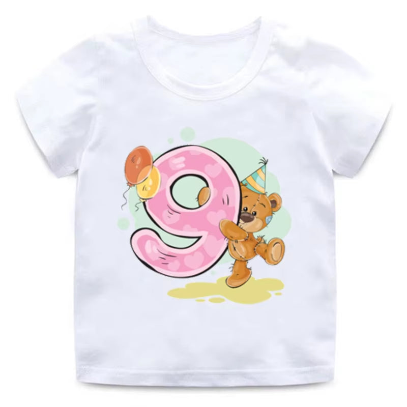 Boy Girl Birthday Bear Number 12 3 4 8 9 Bow Print T Shirts Baby Cute Cartoon Funny round Neck Girls T-Shirt Best Birthday Gift