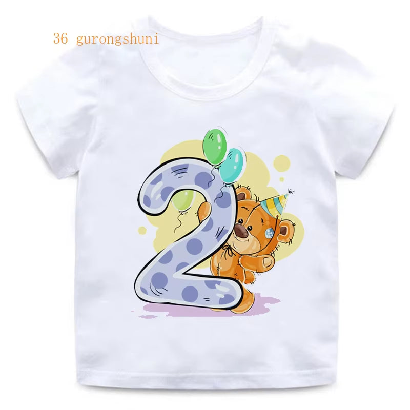 Boy Girl Birthday Bear Number 12 3 4 8 9 Bow Print T Shirts Baby Cute Cartoon Funny round Neck Girls T-Shirt Best Birthday Gift