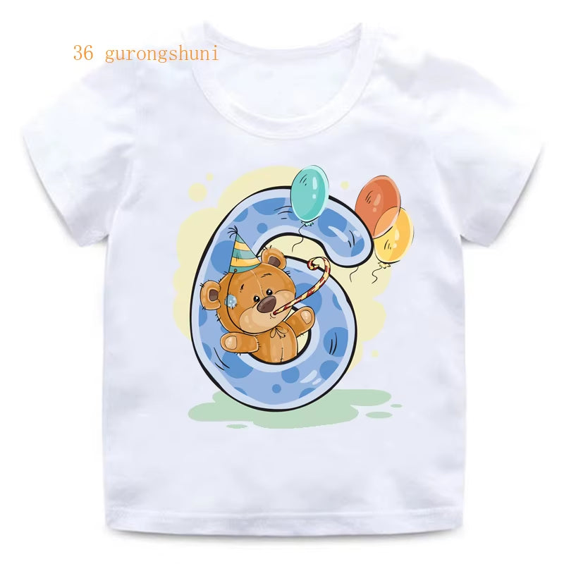 Boy Girl Birthday Bear Number 12 3 4 8 9 Bow Print T Shirts Baby Cute Cartoon Funny round Neck Girls T-Shirt Best Birthday Gift