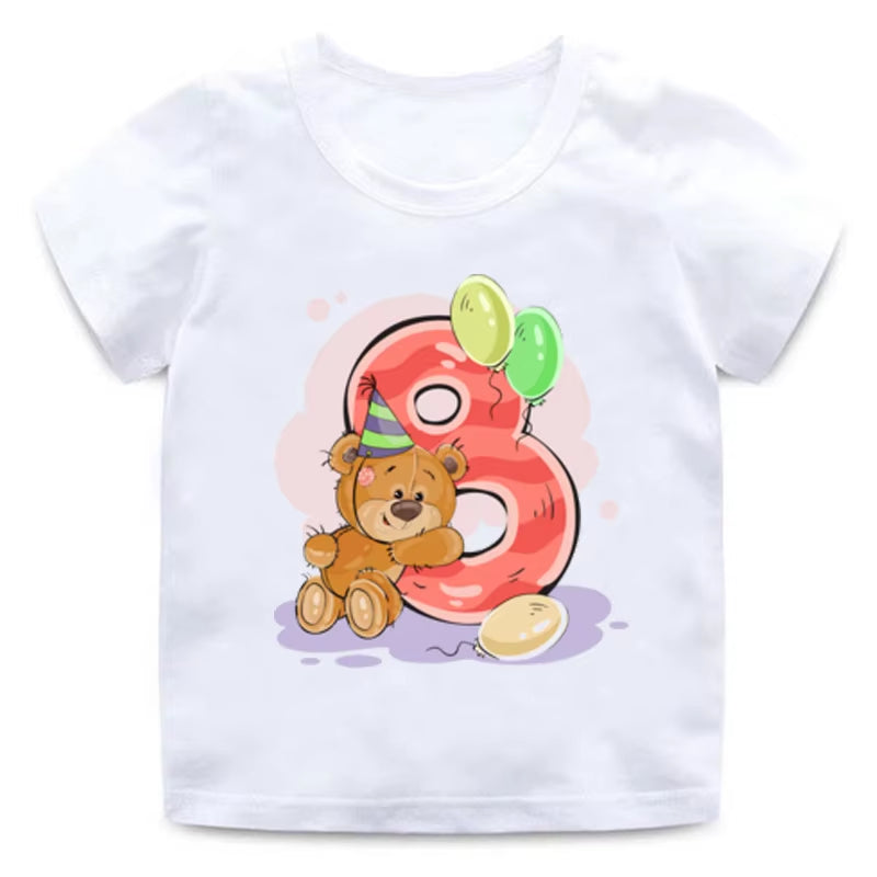 Boy Girl Birthday Bear Number 12 3 4 8 9 Bow Print T Shirts Baby Cute Cartoon Funny round Neck Girls T-Shirt Best Birthday Gift