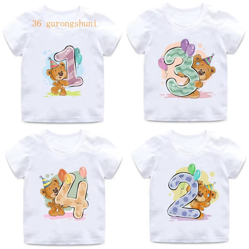 Boy Girl Birthday Bear Number 12 3 4 8 9 Bow Print T Shirts Baby Cute Cartoon Funny round Neck Girls T-Shirt Best Birthday Gift
