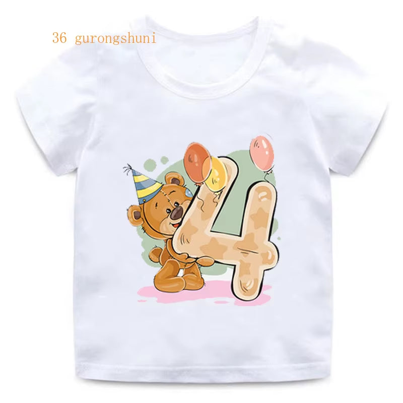 Boy Girl Birthday Bear Number 12 3 4 8 9 Bow Print T Shirts Baby Cute Cartoon Funny round Neck Girls T-Shirt Best Birthday Gift