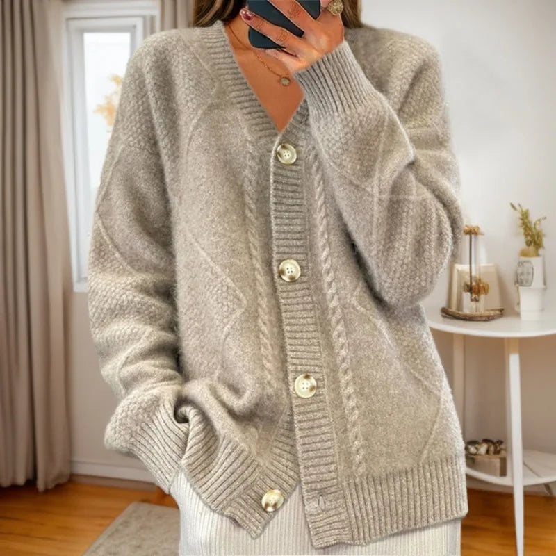 Autumn Winter Solid Color Long-sleeved V Neck Knitted Cardigan Breasted Women Top Fashion Jacquard Sweater Versatile Coat Female
