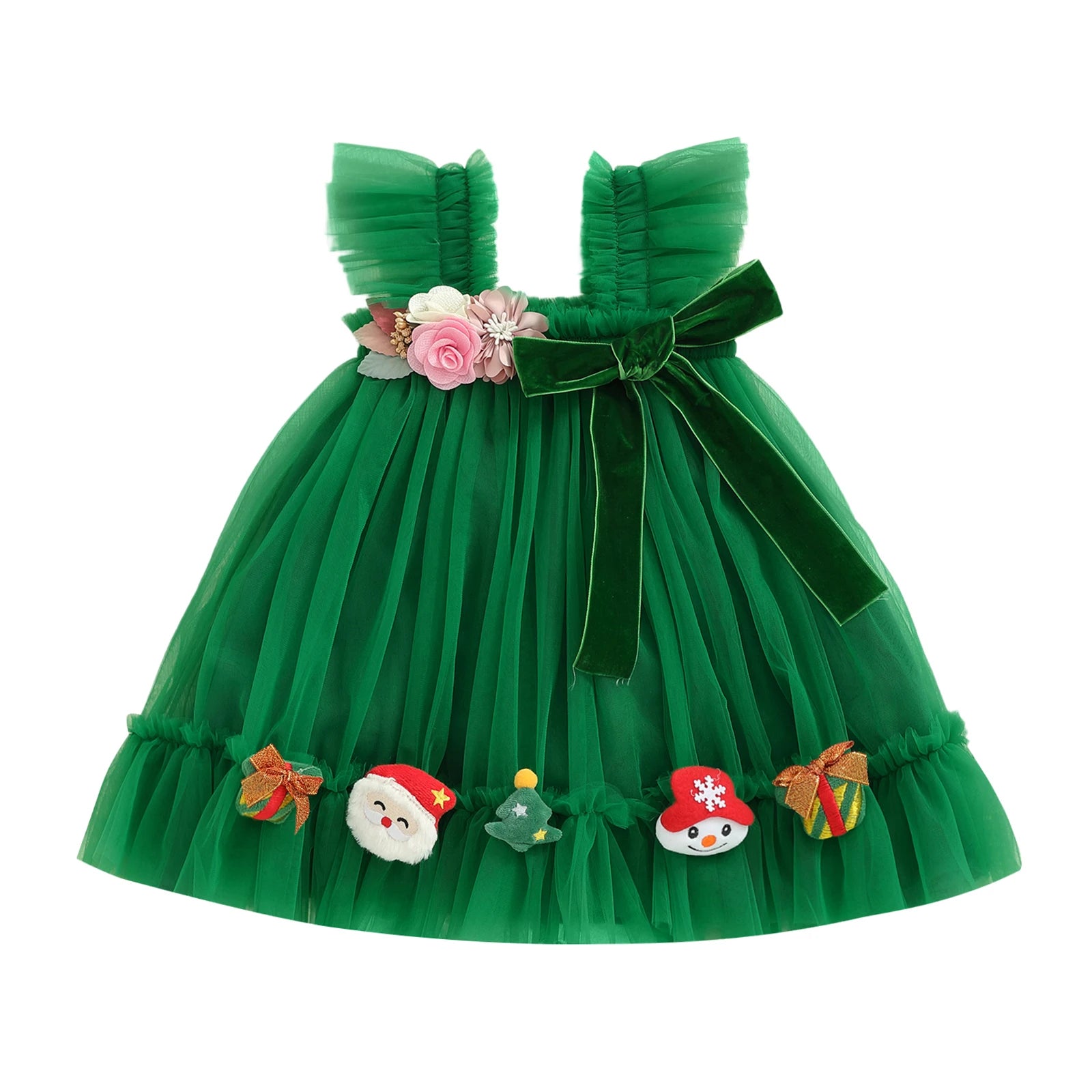FOCUSNORM 0-4Y Princess Kids Girls Christmas Tulle Dress 3D Flower Santa Bow Sleeveless Suspender A-Line Dress for Party