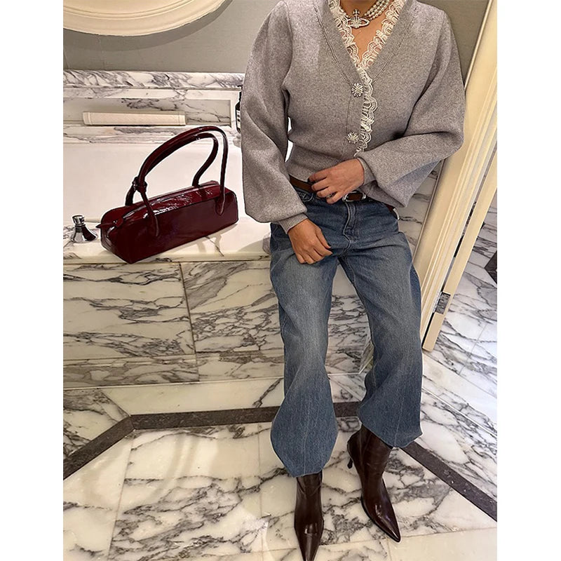 Vintage Red Knitted Cardigan Women Cropped Lace Black Sweater Outerwears Elegant Korean V Neck Knitwears Winter Design Jumpers