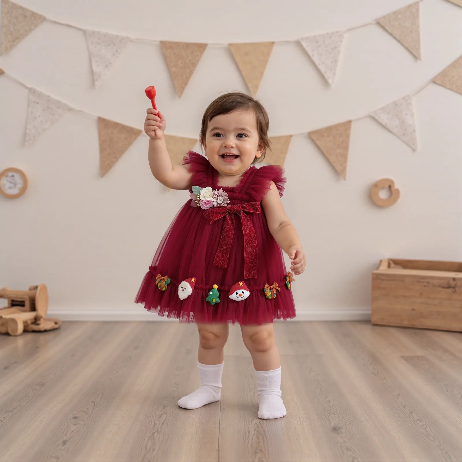 FOCUSNORM 0-4Y Princess Kids Girls Christmas Tulle Dress 3D Flower Santa Bow Sleeveless Suspender A-Line Dress for Party