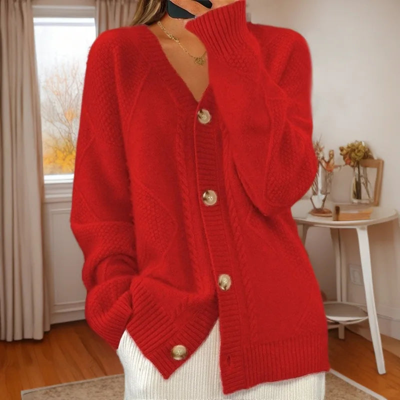 Autumn Winter Solid Color Long-sleeved V Neck Knitted Cardigan Breasted Women Top Fashion Jacquard Sweater Versatile Coat Female