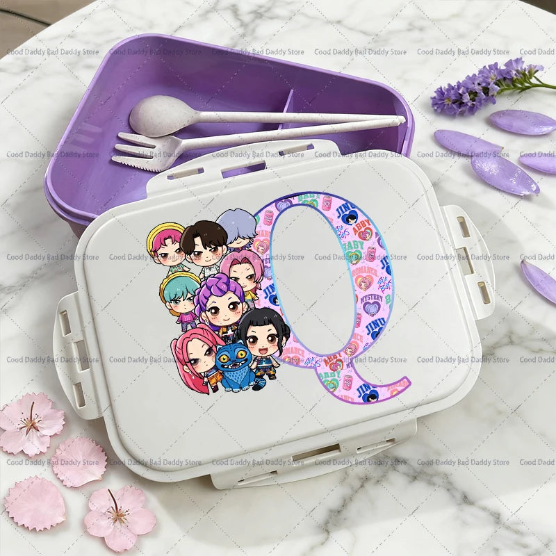 Kpop Demon Hunters Name Combination Letter A-Z Print Lunch Boxes Purple Huntrix Saja Boys Bento Box Women Picnic Food Container