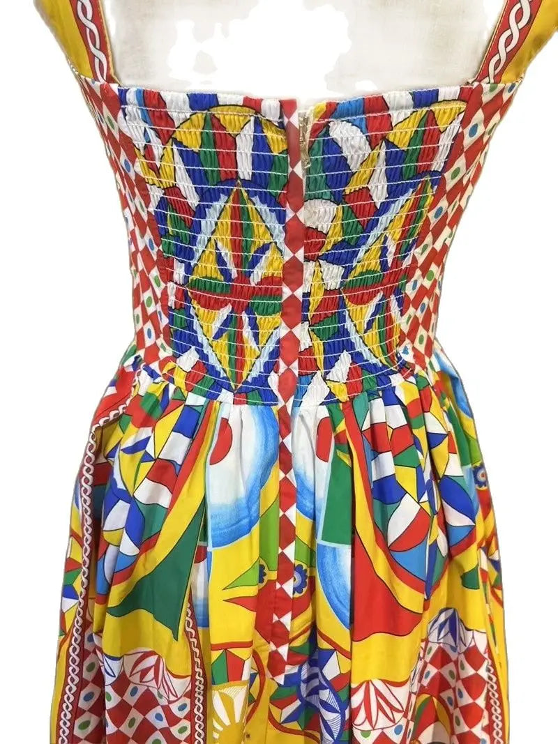 Summer Fashion Designer Holiday Beach Dress Women Spaghetti Strap Elastic Backless Multicolor Classic Print Party Midi Vestidos