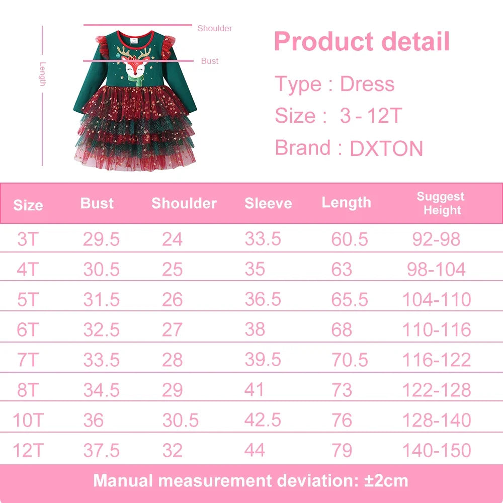 DXTON New Year Girls Dress Layered Patchwork Christmas Kids Gift Elk Cartoon Cute Children Xmas Party Elegant Dress Up Clothing