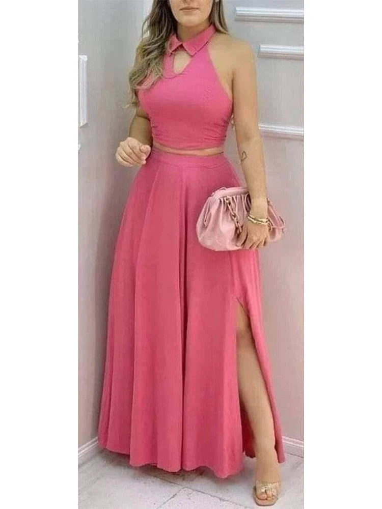 Women's Pink Two Piece Set Halter Collar Crop Top Split Maxi Skirt Ideal for Evening Parties Summer Weddings Chic Outings