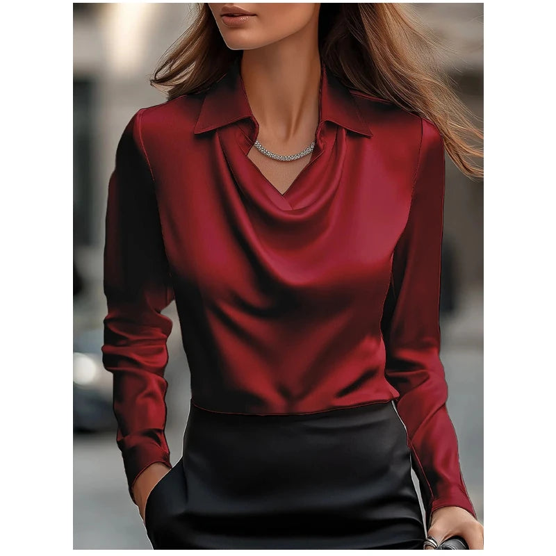 Women's Blouse Solid color Full Sleeve Swing Collar Pullover Temperament Printing Simple Shirt Office Lady Elegent Tops