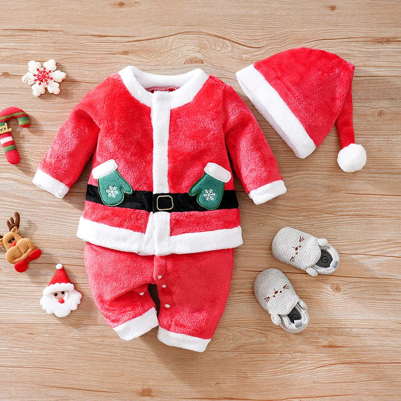 Baby Christmas Clothing Winter Velvet Warm Long Sleeved Jumpsuit Thickened 0-18 Months Role-Playing Outfit