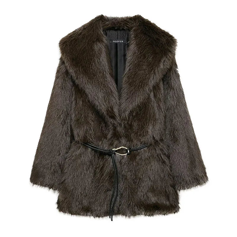 HH Winter Coat Woman Trendy Solid Turn Down Collar Long Sleeves Belt Decoration Female Vintage Thick And Warm Outerwear