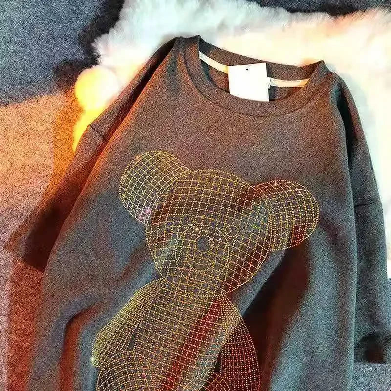 Trendy Diamond-Embellished Gold Bear Short Sleeve T-Shirt Plus Size Women's Summer Korean Style Top Loose Fit Medium-Length