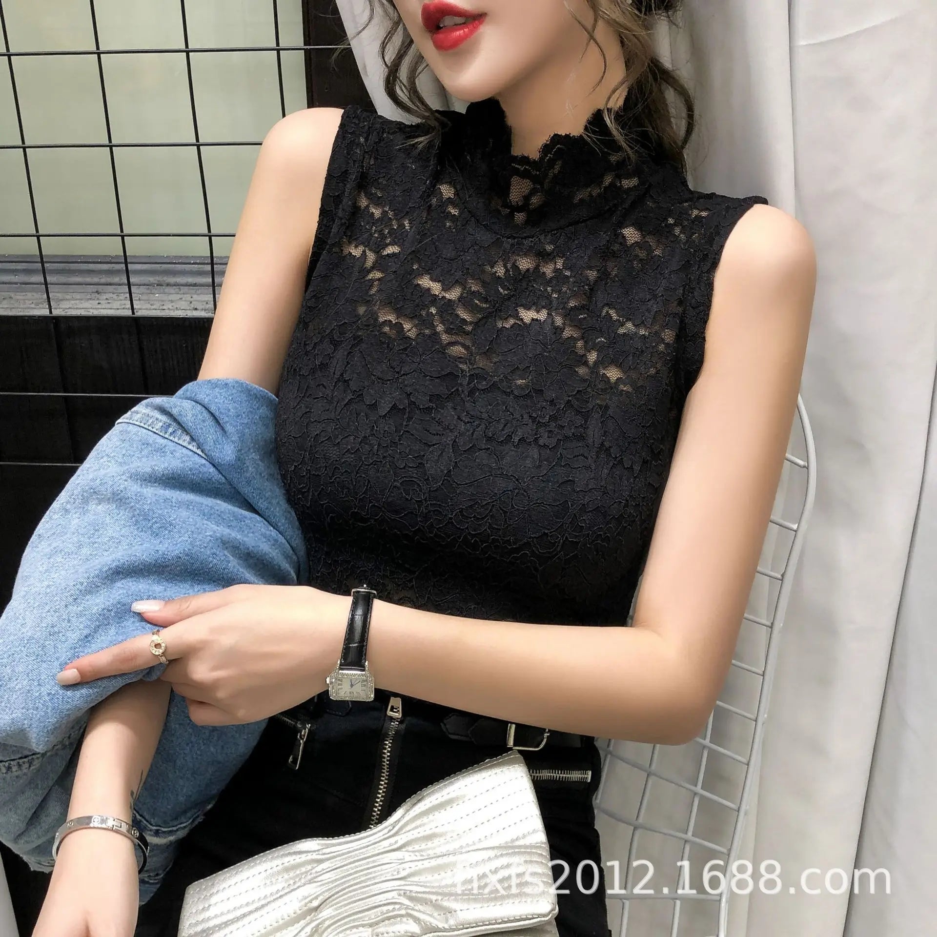 Semi Turtleneck Sleeveless Lace Blouse Tops Sexy Women Slim Stretch All Match Hollow Out Lace Blouse Shirts LGHX-1911wuxiu