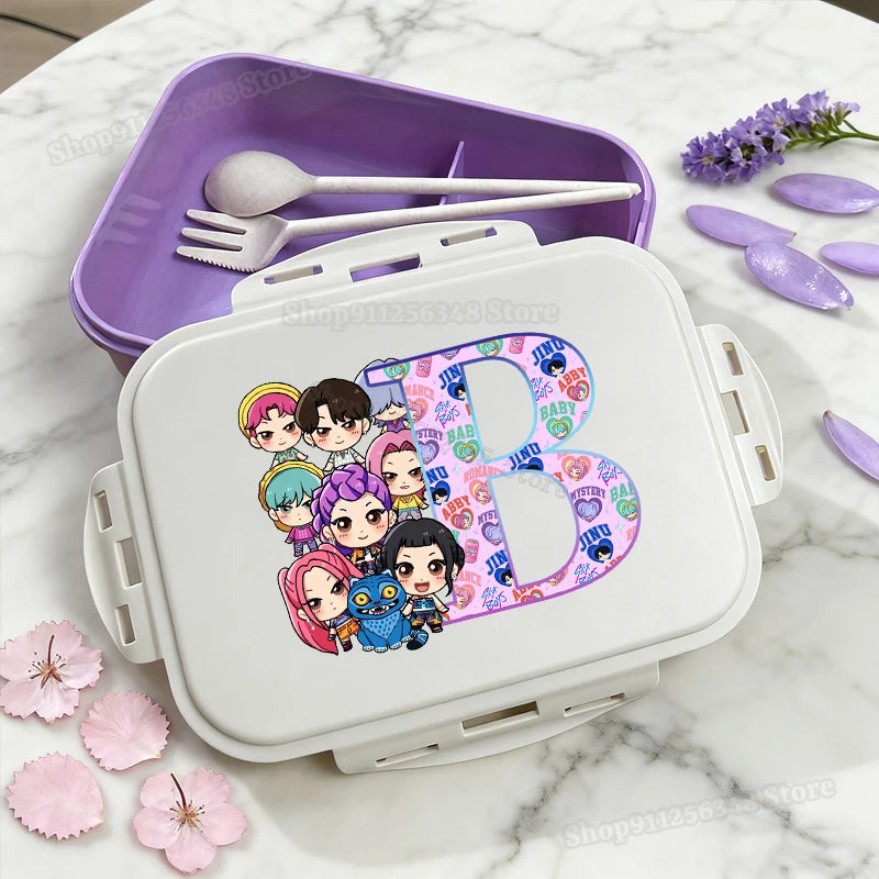 Kpop Demon Hunters Name Combination Letter A-Z Print Lunch Boxes Purple Huntrix Saja Boys Bento Box Women Picnic Food Container