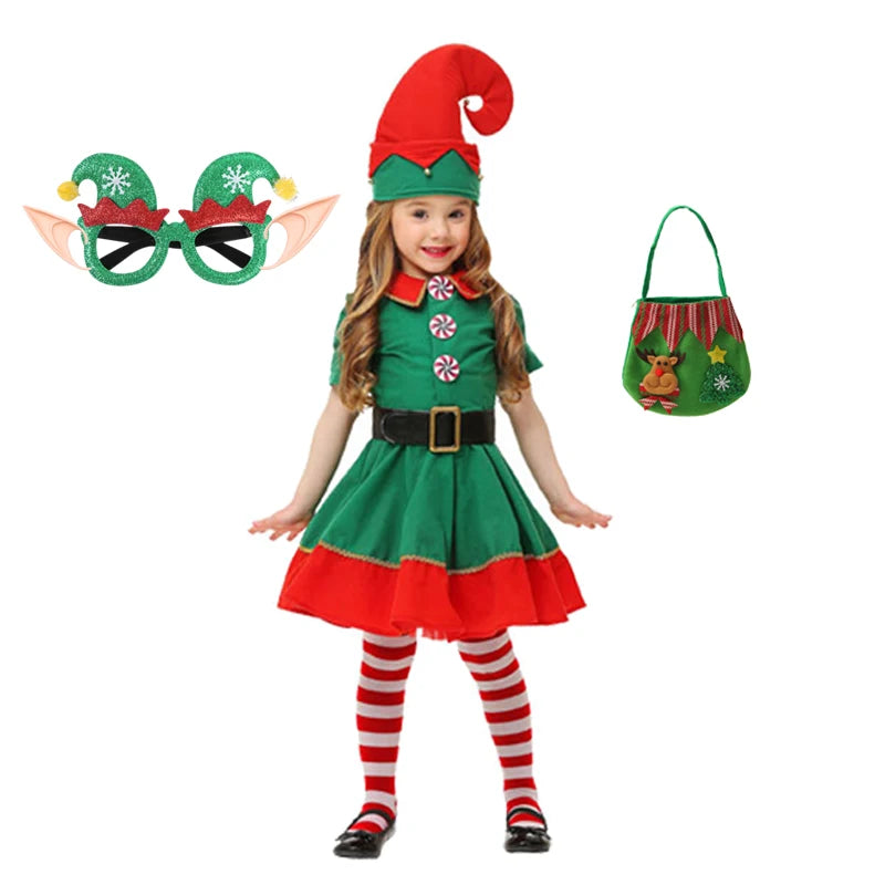 2025 Girl Boy Christmas Elf Costumes Santa Claus Suit Festival Halloween Cosplay Sets Green Elves Clothes