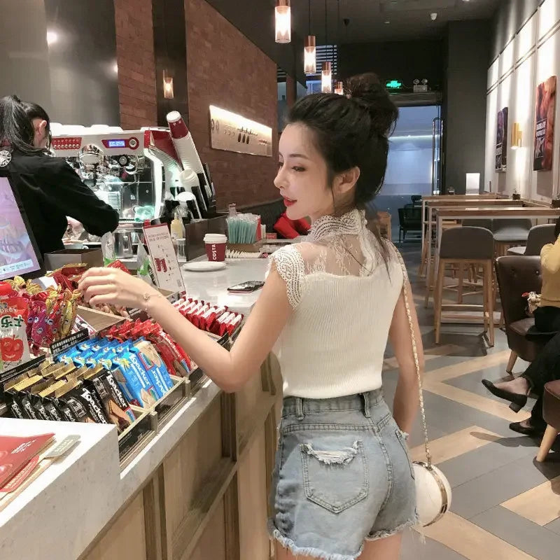 Woman TShirts Crop Top Summer Stand Collar Mesh Lace Stitching Sleeveless Knitted T-shirt Top Mujer Camisetas