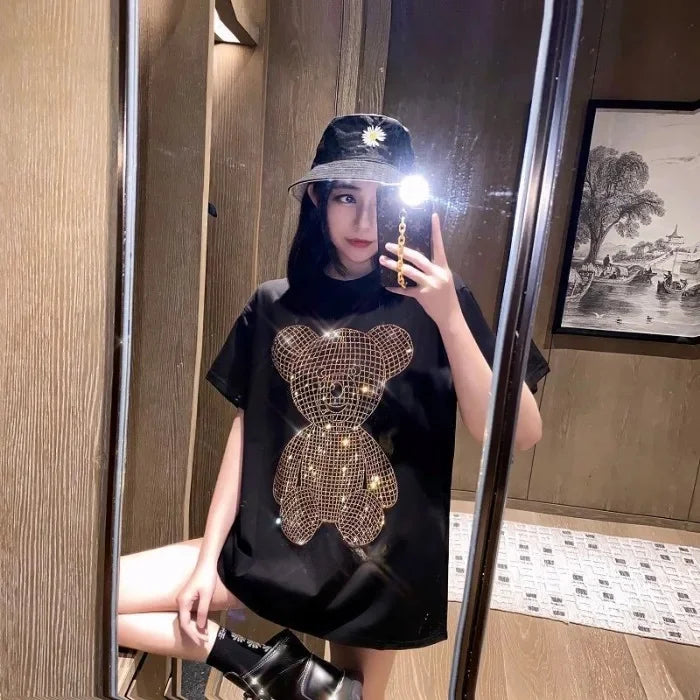 Trendy Diamond-Embellished Gold Bear Short Sleeve T-Shirt Plus Size Women's Summer Korean Style Top Loose Fit Medium-Length