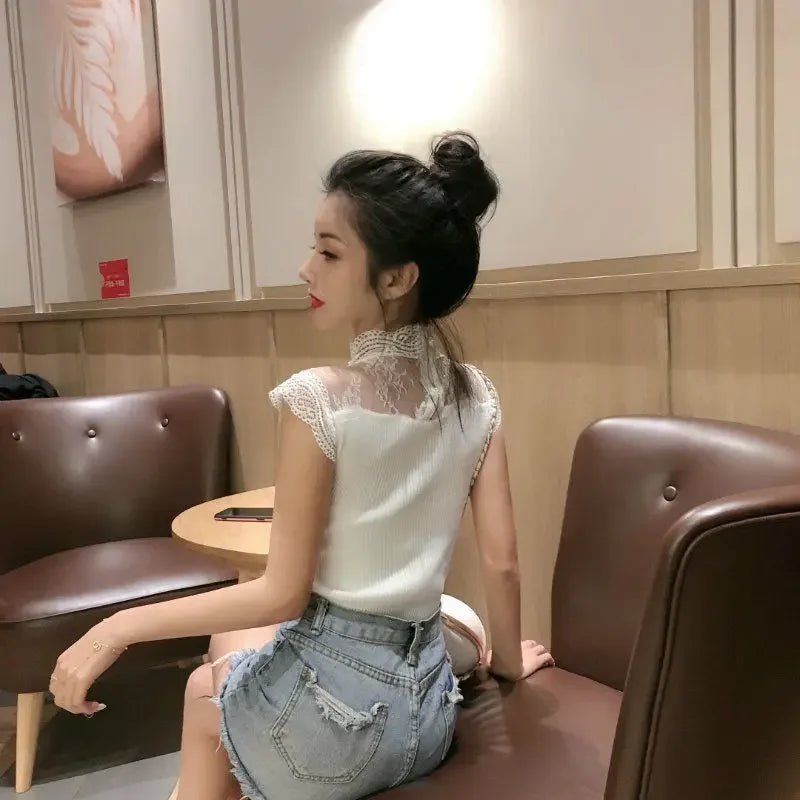 Woman TShirts Crop Top Summer Stand Collar Mesh Lace Stitching Sleeveless Knitted T-shirt Top Mujer Camisetas