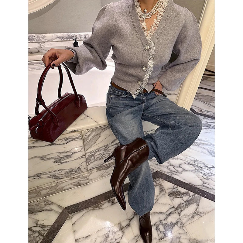 Vintage Red Knitted Cardigan Women Cropped Lace Black Sweater Outerwears Elegant Korean V Neck Knitwears Winter Design Jumpers