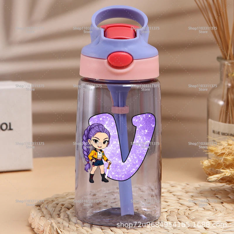 Move K-Pop Demon Hunters Plastic Water Bottle with Straw Letter A-Z Fashion Portable Portable Kettle Girls Cartoon Birthday Gift