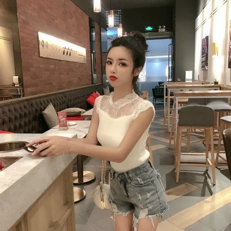 Woman TShirts Crop Top Summer Stand Collar Mesh Lace Stitching Sleeveless Knitted T-shirt Top Mujer Camisetas