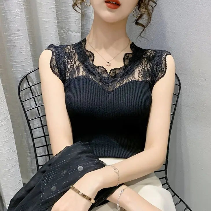 Summer V-neck Lace Stitching Pullover Sleeveless T-shirt Women's See-through Ice Silk Vest Suspender Knitted Base Layer Women