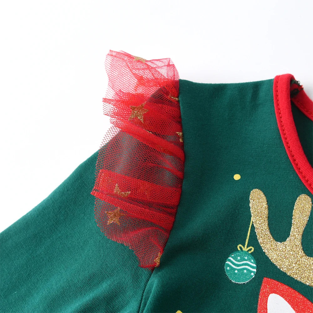 DXTON New Year Girls Dress Layered Patchwork Christmas Kids Gift Elk Cartoon Cute Children Xmas Party Elegant Dress Up Clothing