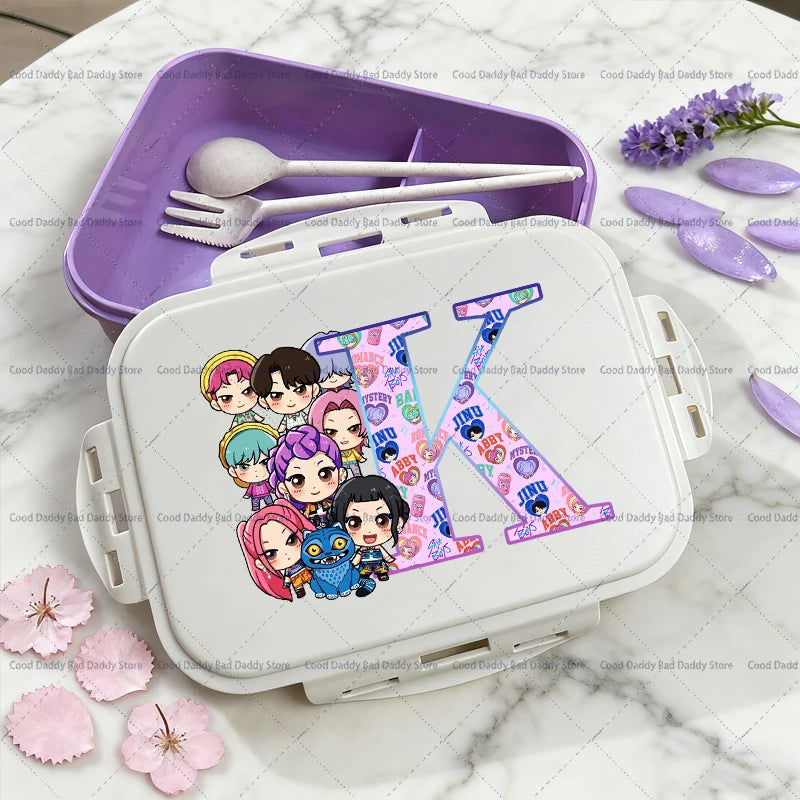 Kpop Demon Hunters Name Combination Letter A-Z Print Lunch Boxes Purple Huntrix Saja Boys Bento Box Women Picnic Food Container