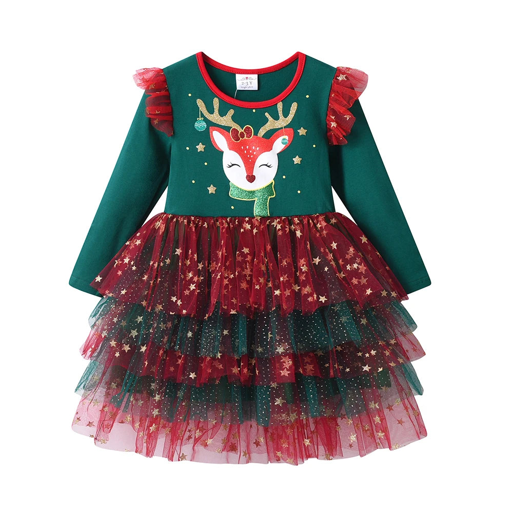 DXTON New Year Girls Dress Layered Patchwork Christmas Kids Gift Elk Cartoon Cute Children Xmas Party Elegant Dress Up Clothing