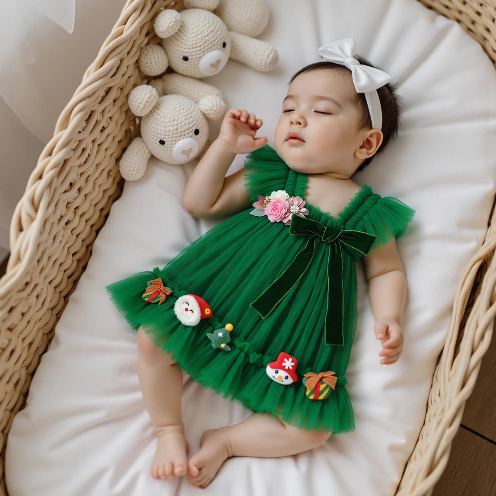 FOCUSNORM 0-4Y Princess Kids Girls Christmas Tulle Dress 3D Flower Santa Bow Sleeveless Suspender A-Line Dress for Party
