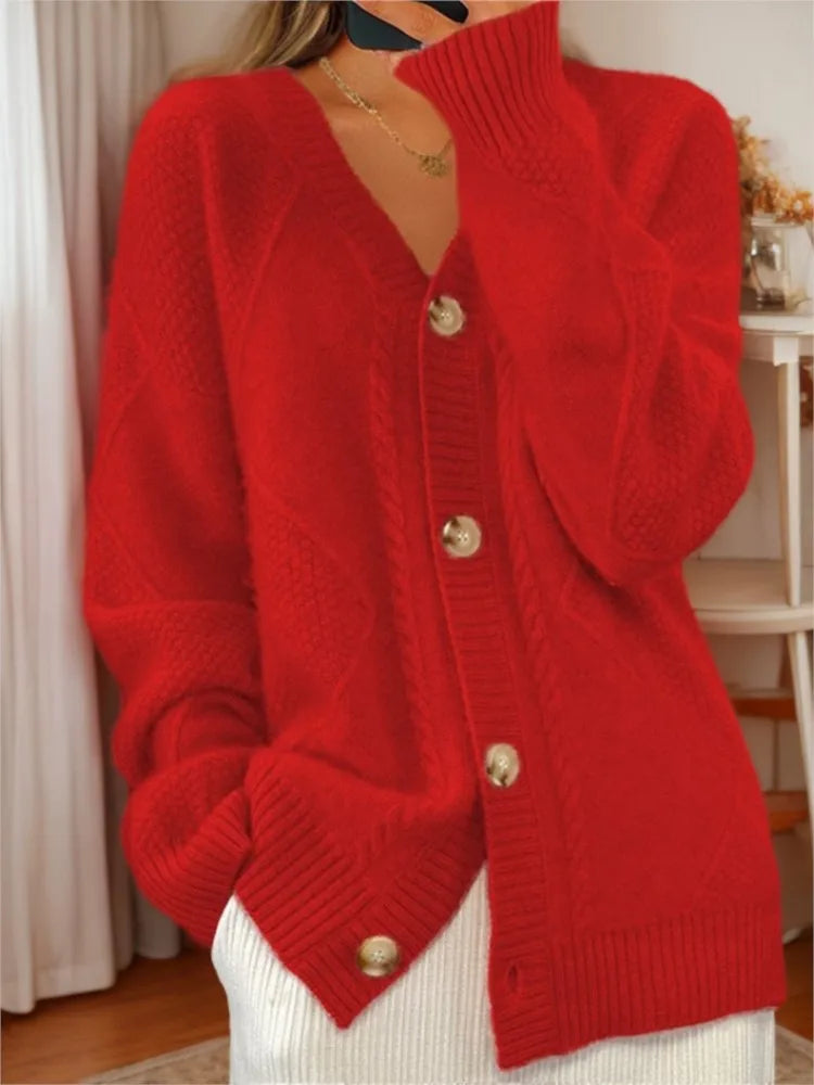 Autumn Winter Solid Color Long-sleeved V Neck Knitted Cardigan Breasted Women Top Fashion Jacquard Sweater Versatile Coat Female