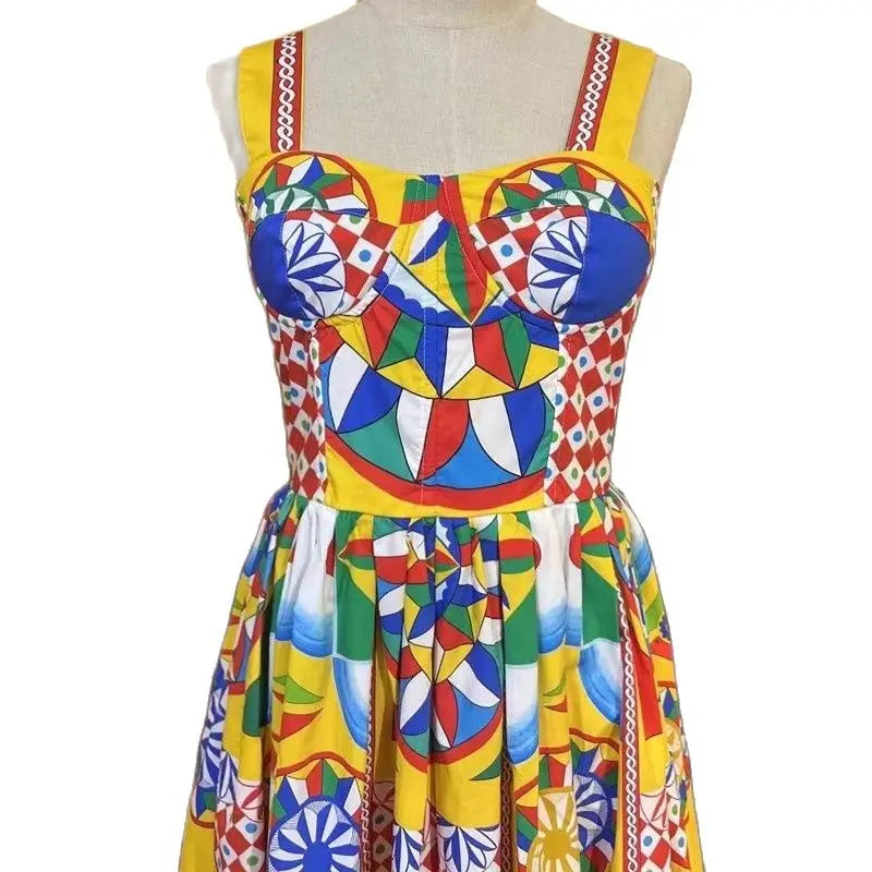 Summer Fashion Designer Holiday Beach Dress Women Spaghetti Strap Elastic Backless Multicolor Classic Print Party Midi Vestidos