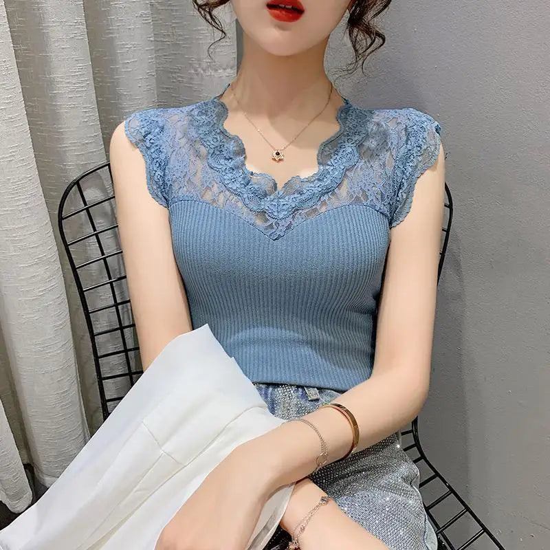 Summer V-neck Lace Stitching Pullover Sleeveless T-shirt Women's See-through Ice Silk Vest Suspender Knitted Base Layer Women