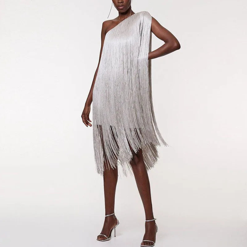 Woman One Shoulder Fringe Tassel Mini Dress Chic Sleeveless Hollow Short Dress Summer Sexy Diagonal Collar Gowns Evening Dresses