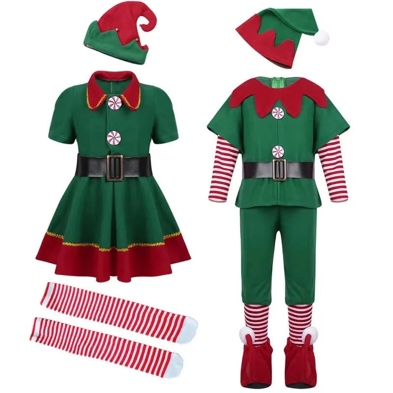 2025 Girl Boy Christmas Elf Costumes Santa Claus Suit Festival Halloween Cosplay Sets Green Elves Clothes