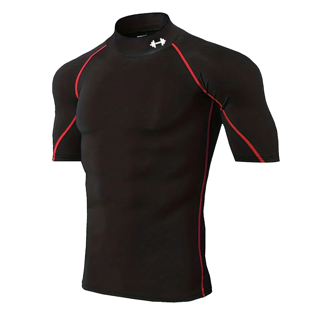 Men's Fitness Compression Short-sleeved Summer Outdoor Sports Running Tight T-shirt Breathable Turtleneck Training Suit Top
