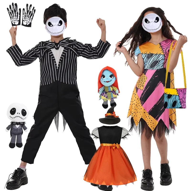Halloween Costumes for Girls Black Jumpsuit for Boys Witch Cosplay Dress Christmas for Kids Party Dress Up Carnival Clothes