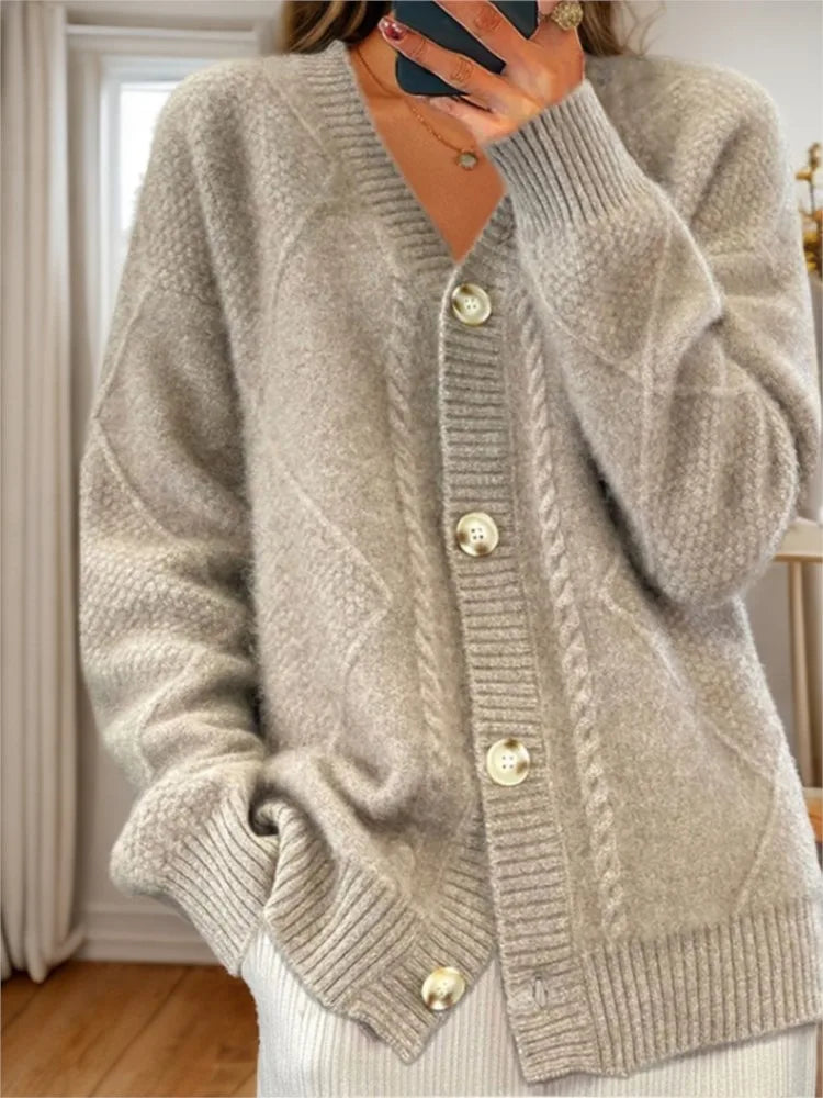 Autumn Winter Solid Color Long-sleeved V Neck Knitted Cardigan Breasted Women Top Fashion Jacquard Sweater Versatile Coat Female