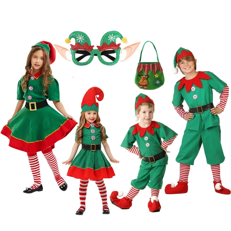 2025 Girl Boy Christmas Elf Costumes Santa Claus Suit Festival Halloween Cosplay Sets Green Elves Clothes