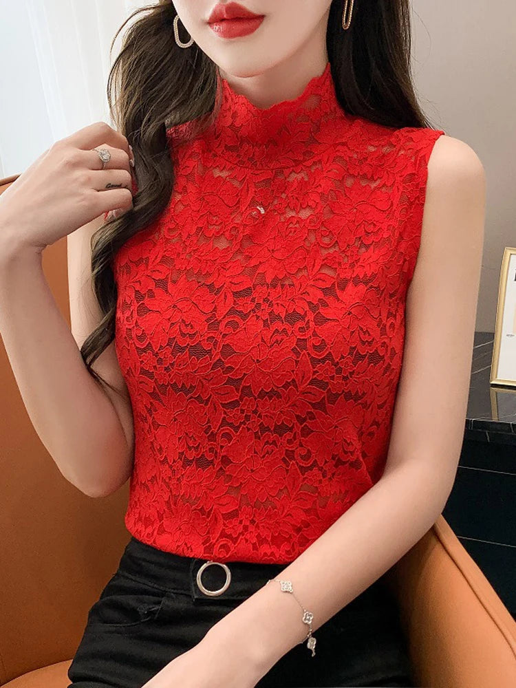 Semi Turtleneck Sleeveless Lace Blouse Tops Sexy Women Slim Stretch All Match Hollow Out Lace Blouse Shirts LGHX-1911wuxiu
