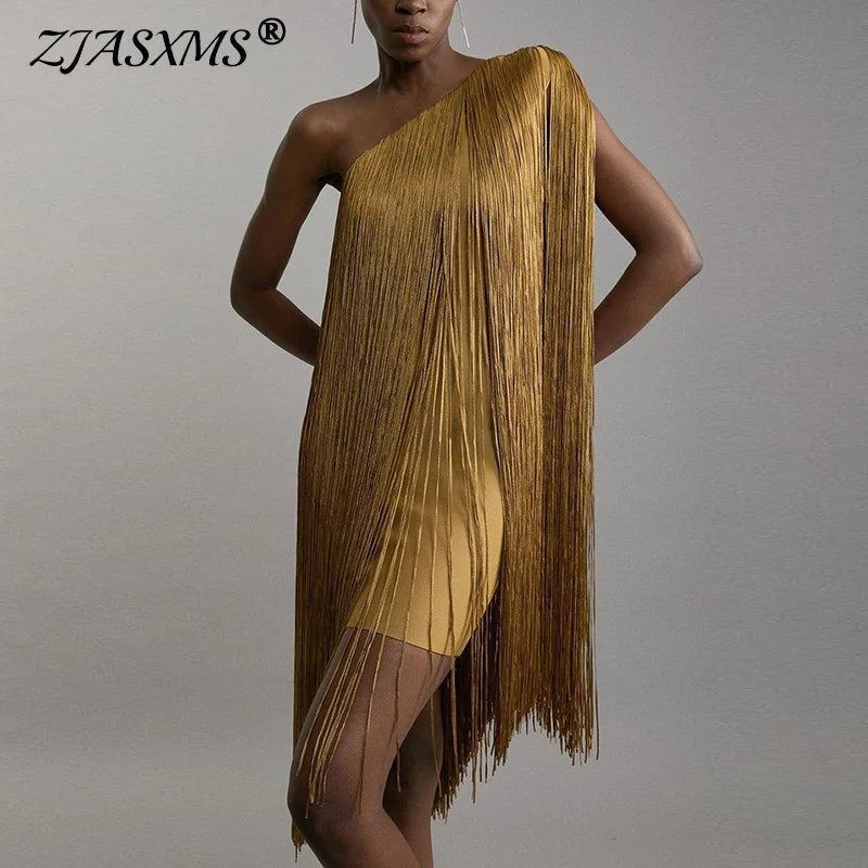 Woman One Shoulder Fringe Tassel Mini Dress Chic Sleeveless Hollow Short Dress Summer Sexy Diagonal Collar Gowns Evening Dresses
