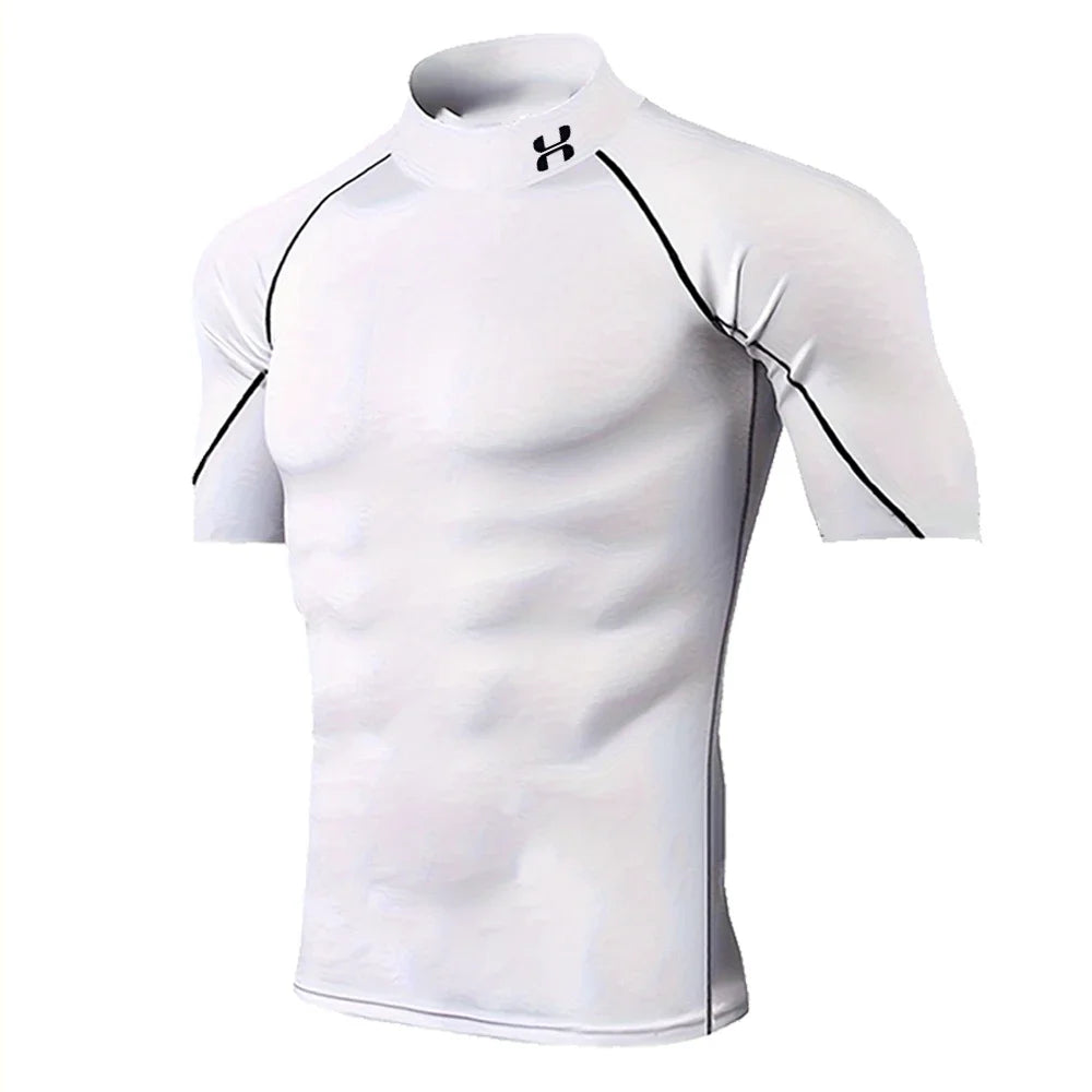 Men's Fitness Compression Short-sleeved Summer Outdoor Sports Running Tight T-shirt Breathable Turtleneck Training Suit Top