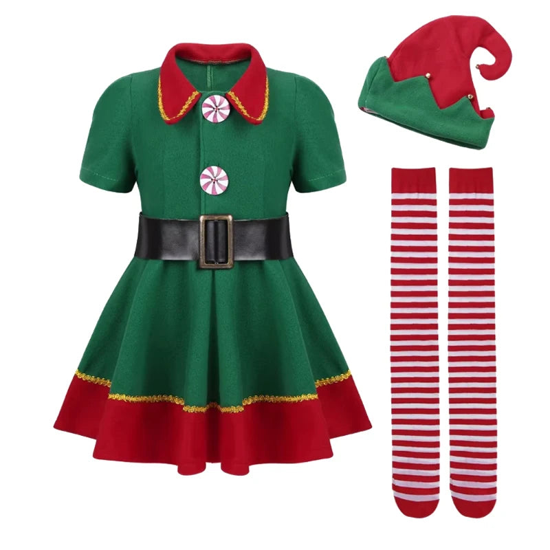2025 Girl Boy Christmas Elf Costumes Santa Claus Suit Festival Halloween Cosplay Sets Green Elves Clothes
