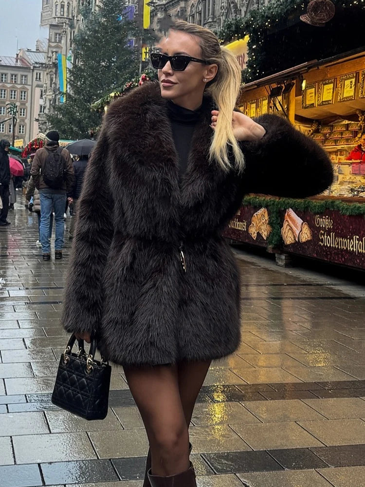 HH Winter Coat Woman Trendy Solid Turn Down Collar Long Sleeves Belt Decoration Female Vintage Thick And Warm Outerwear