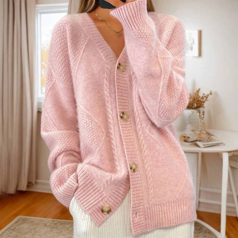 Autumn Winter Solid Color Long-sleeved V Neck Knitted Cardigan Breasted Women Top Fashion Jacquard Sweater Versatile Coat Female