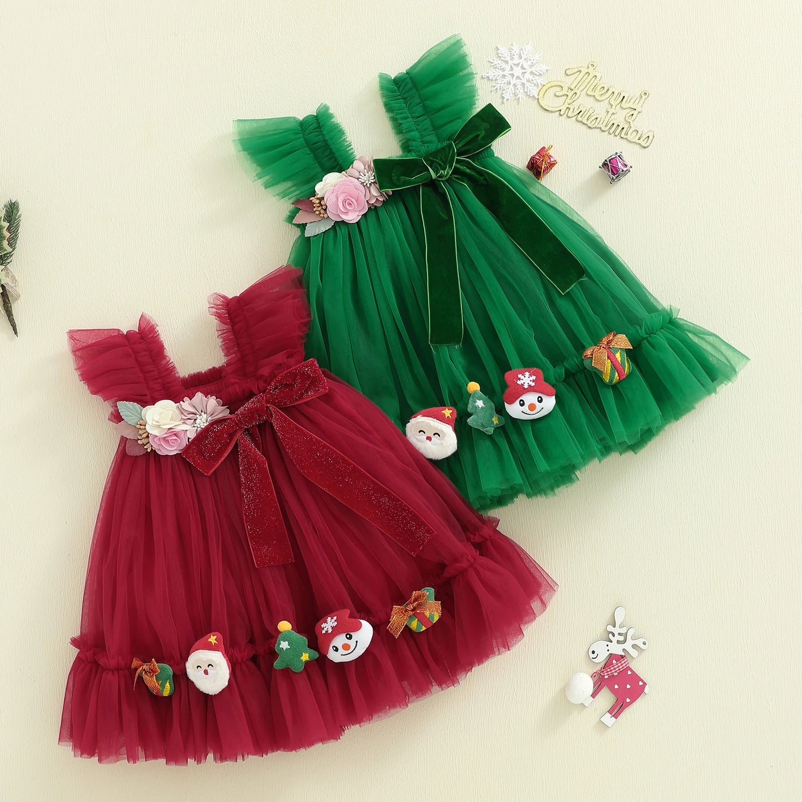 FOCUSNORM 0-4Y Princess Kids Girls Christmas Tulle Dress 3D Flower Santa Bow Sleeveless Suspender A-Line Dress for Party